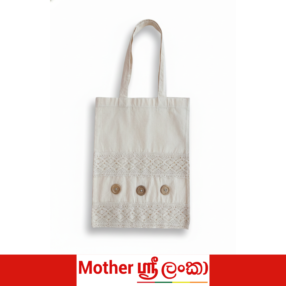 Handcrafted Sri Lankan Cotton Tote Bag with Lace Panels & Wooden Buttons
