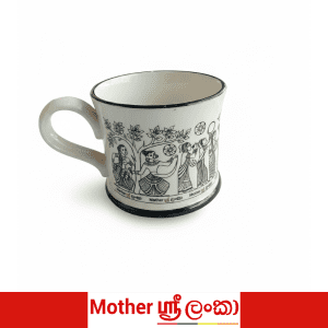 White Ceramic Folk Art Illustrated Mug – Hand-Drawn Figure Scene Coffee Cup with Black Rim and Base